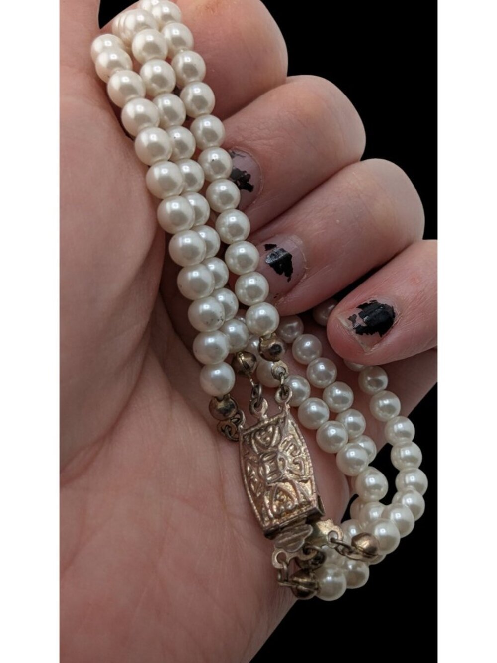 Vintage Faux Pearl Necklace Bracelet Set Rhinestone Victorian Elegance Jewelry - Picture 4 of 14